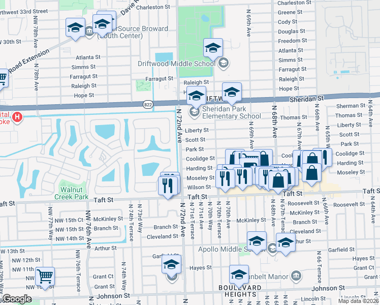 map of restaurants, bars, coffee shops, grocery stores, and more near 7160 Park Street in Hollywood