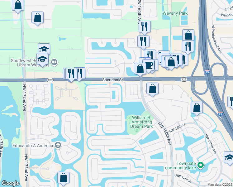 map of restaurants, bars, coffee shops, grocery stores, and more near 2311 Northwest 162nd Terrace in Pembroke Pines
