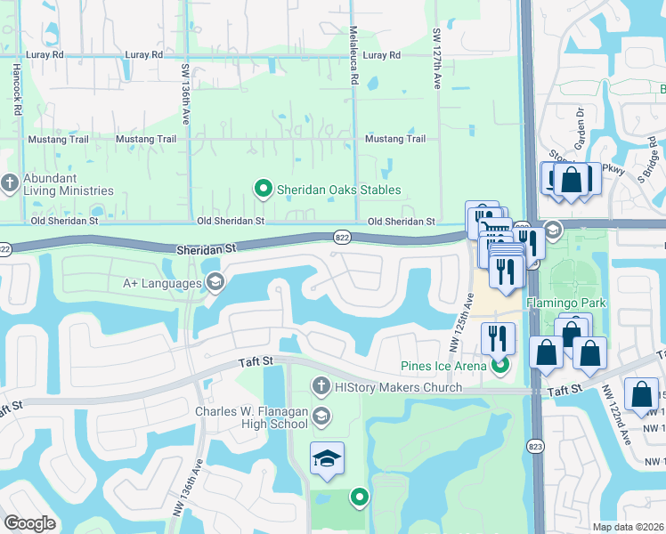 map of restaurants, bars, coffee shops, grocery stores, and more near 2242 Northwest 129th Avenue in Pembroke Pines