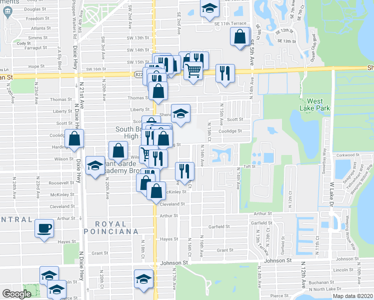 map of restaurants, bars, coffee shops, grocery stores, and more near 1618 Harding Street in Hollywood