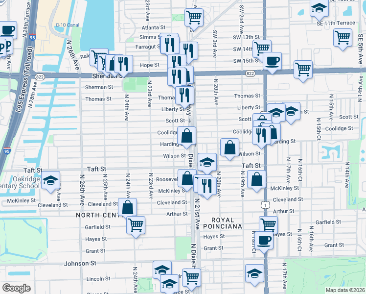 map of restaurants, bars, coffee shops, grocery stores, and more near 2129 Harding Street in Hollywood