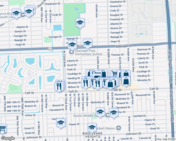 map of restaurants, bars, coffee shops, grocery stores, and more near 7021 Park Street in Hollywood