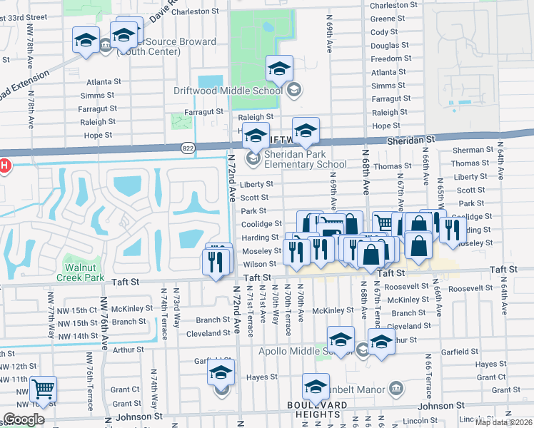 map of restaurants, bars, coffee shops, grocery stores, and more near 7101 Park Street in Hollywood