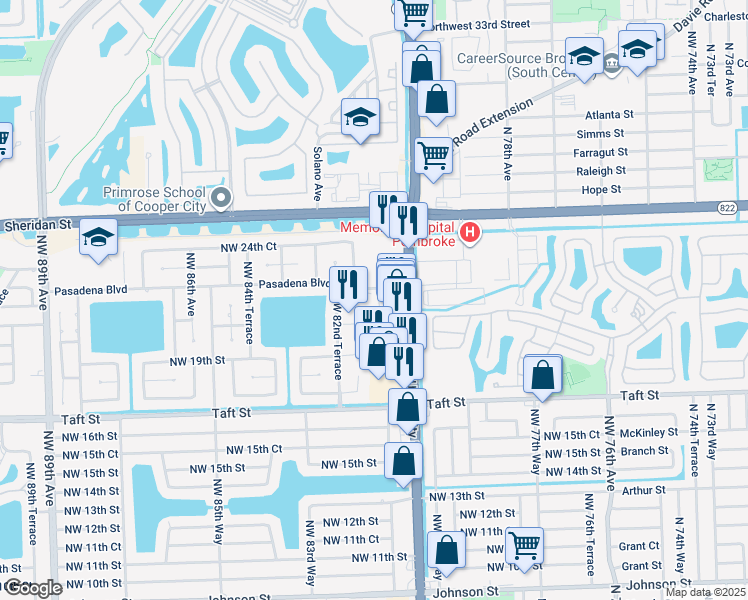 map of restaurants, bars, coffee shops, grocery stores, and more near 8120 Pasadena Boulevard in Pembroke Pines