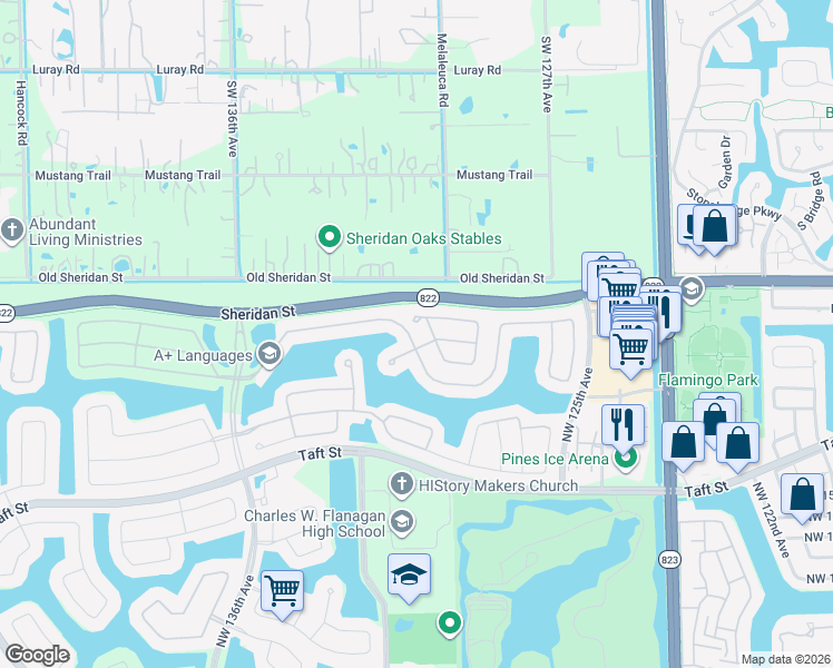 map of restaurants, bars, coffee shops, grocery stores, and more near 2242 Northwest 129th Avenue in Pembroke Pines