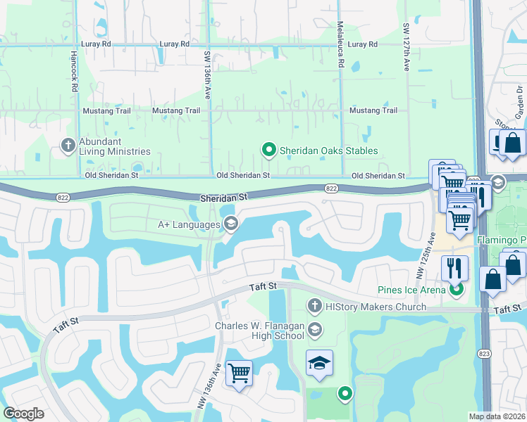 map of restaurants, bars, coffee shops, grocery stores, and more near 13081 Northwest 23rd Street in Pembroke Pines