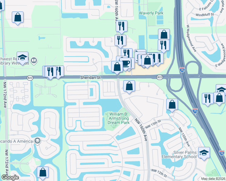 map of restaurants, bars, coffee shops, grocery stores, and more near 2275 Northwest 161st Terrace in Pembroke Pines