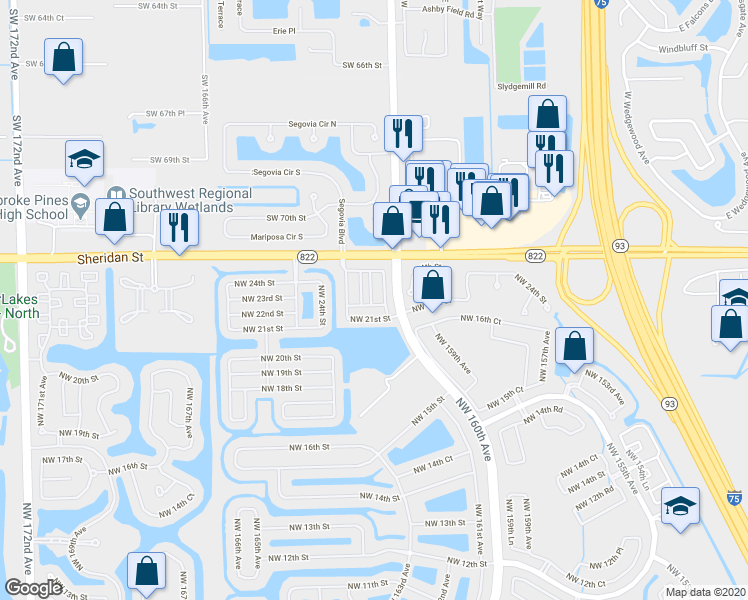 map of restaurants, bars, coffee shops, grocery stores, and more near 2275 Northwest 161st Terrace in Pembroke Pines