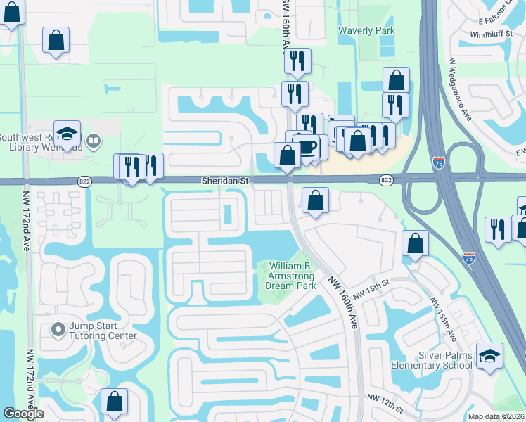 map of restaurants, bars, coffee shops, grocery stores, and more near 2275 Northwest 161st Terrace in Pembroke Pines