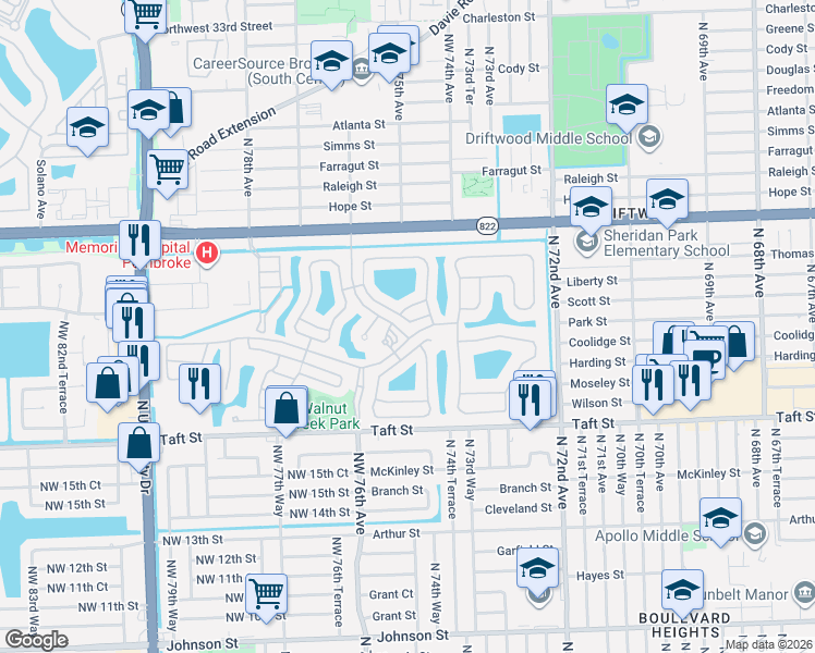 map of restaurants, bars, coffee shops, grocery stores, and more near 7483 Northwest 21st Court in Pembroke Pines