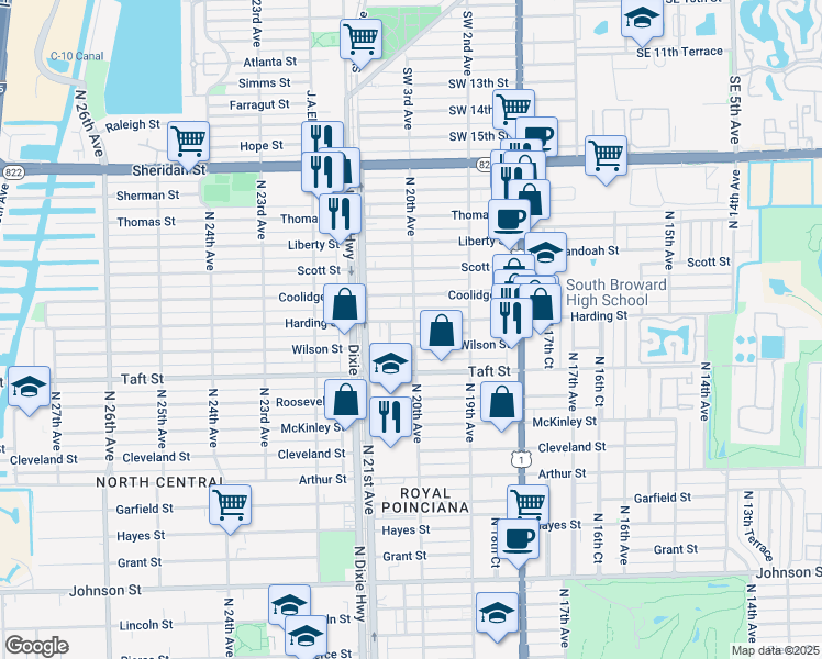map of restaurants, bars, coffee shops, grocery stores, and more near 2013 Harding Street in Hollywood