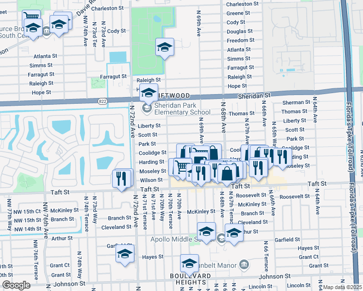 map of restaurants, bars, coffee shops, grocery stores, and more near 7021 Park Street in Hollywood
