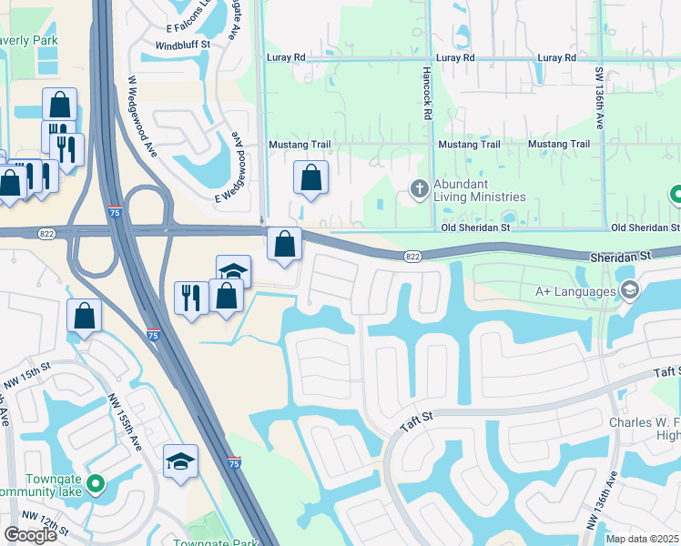 map of restaurants, bars, coffee shops, grocery stores, and more near 14252 Northwest 23rd Street in Pembroke Pines