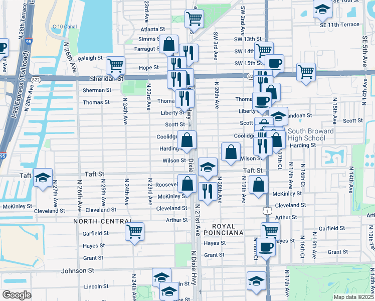 map of restaurants, bars, coffee shops, grocery stores, and more near 1801 North 21st Avenue in Hollywood