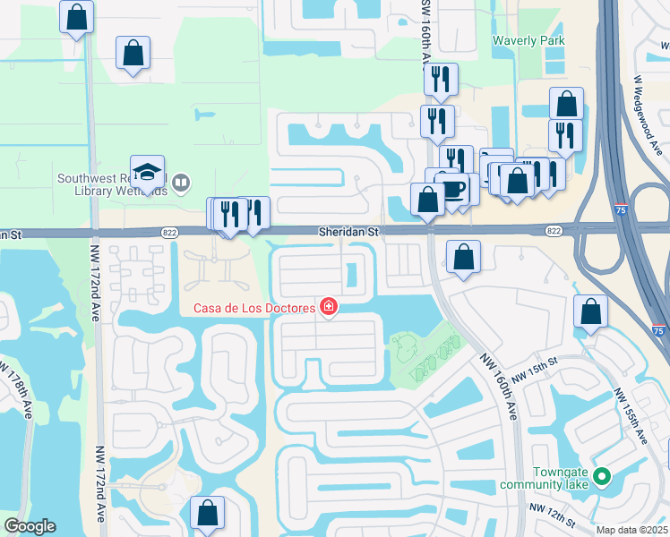 map of restaurants, bars, coffee shops, grocery stores, and more near 16305 Northwest 23rd Street in Pembroke Pines