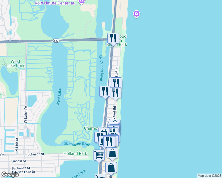 map of restaurants, bars, coffee shops, grocery stores, and more near 202 North Surf Road in Hollywood