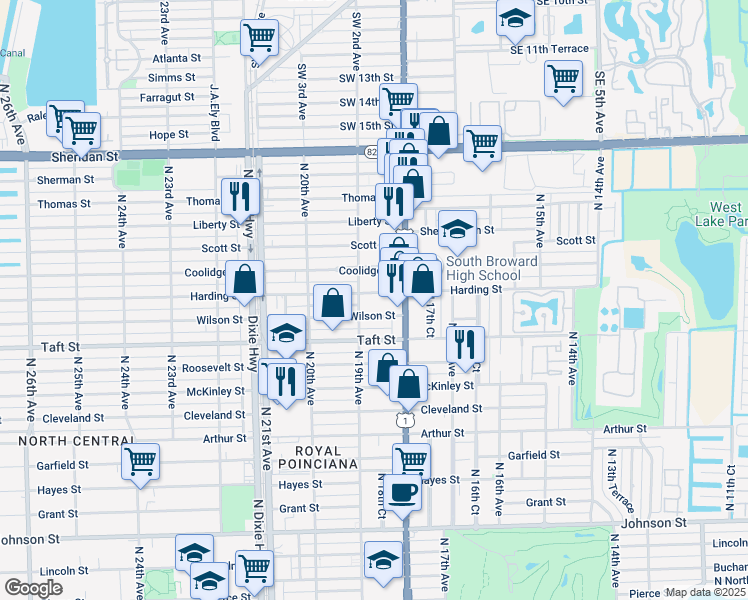 map of restaurants, bars, coffee shops, grocery stores, and more near 1821 North 19th Avenue in Hollywood