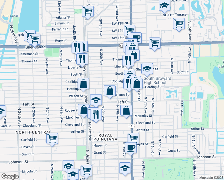 map of restaurants, bars, coffee shops, grocery stores, and more near 1932 Harding Street in Hollywood