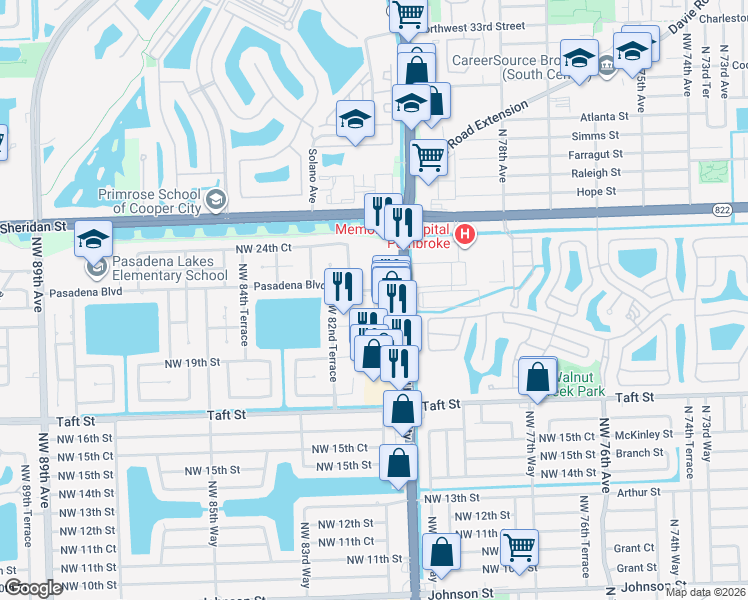 map of restaurants, bars, coffee shops, grocery stores, and more near 8120 Pasadena Boulevard in Pembroke Pines