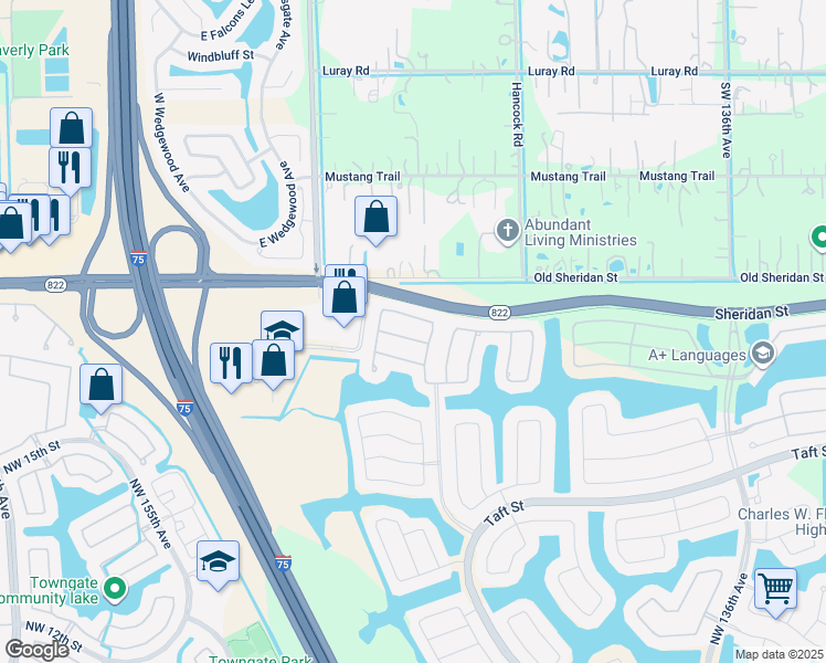 map of restaurants, bars, coffee shops, grocery stores, and more near 14252 Northwest 23rd Street in Pembroke Pines