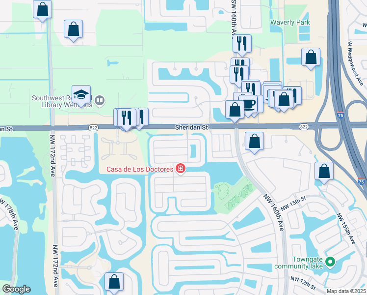 map of restaurants, bars, coffee shops, grocery stores, and more near 16305 Northwest 23rd Street in Pembroke Pines