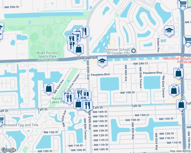 map of restaurants, bars, coffee shops, grocery stores, and more near 8800 Pasadena Boulevard in Pembroke Pines