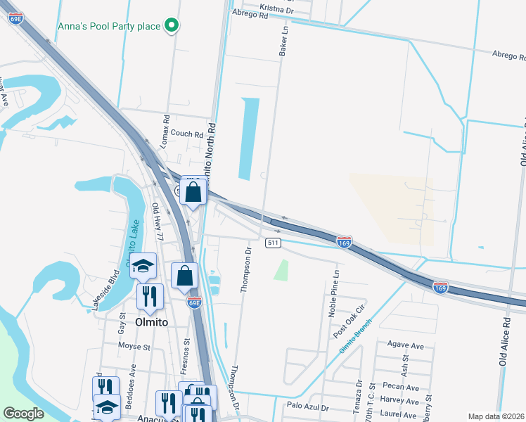 map of restaurants, bars, coffee shops, grocery stores, and more near Farm to Market Road 511 in Los Fresnos