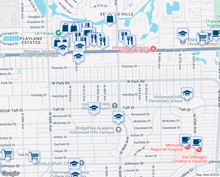 map of restaurants, bars, coffee shops, grocery stores, and more near 2006 North 47th Avenue in Hollywood