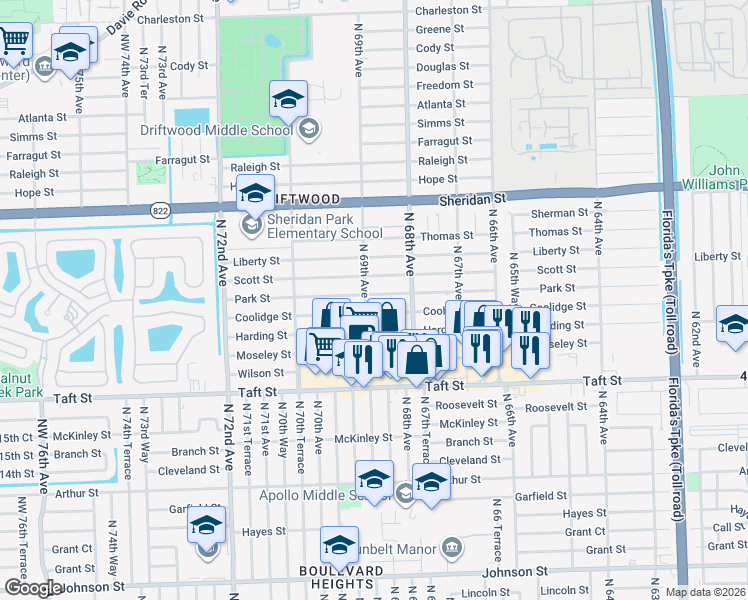 map of restaurants, bars, coffee shops, grocery stores, and more near 6880 Park Street in Hollywood