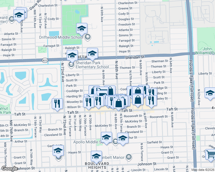 map of restaurants, bars, coffee shops, grocery stores, and more near 6880 Park Street in Hollywood
