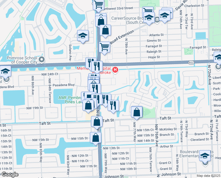 map of restaurants, bars, coffee shops, grocery stores, and more near 7850 Pasadena Boulevard in Pembroke Pines