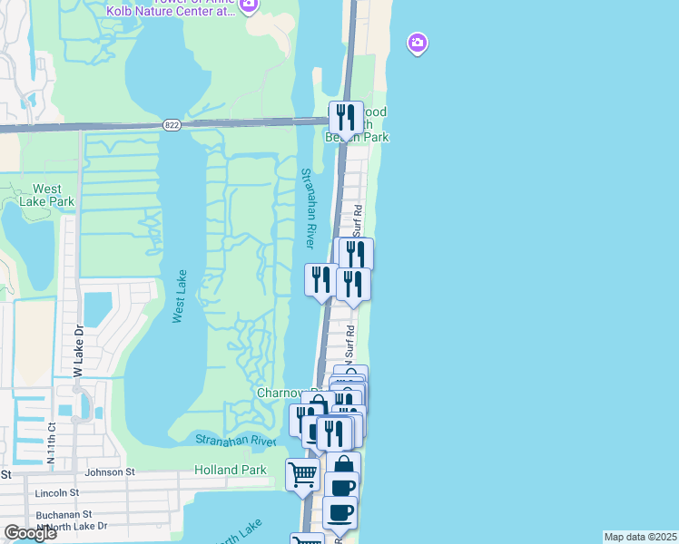 map of restaurants, bars, coffee shops, grocery stores, and more near 202 North Surf Road in Hollywood