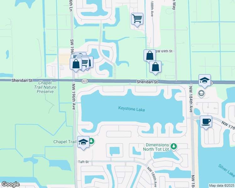 map of restaurants, bars, coffee shops, grocery stores, and more near 19166 Northwest 24th Court in Pembroke Pines