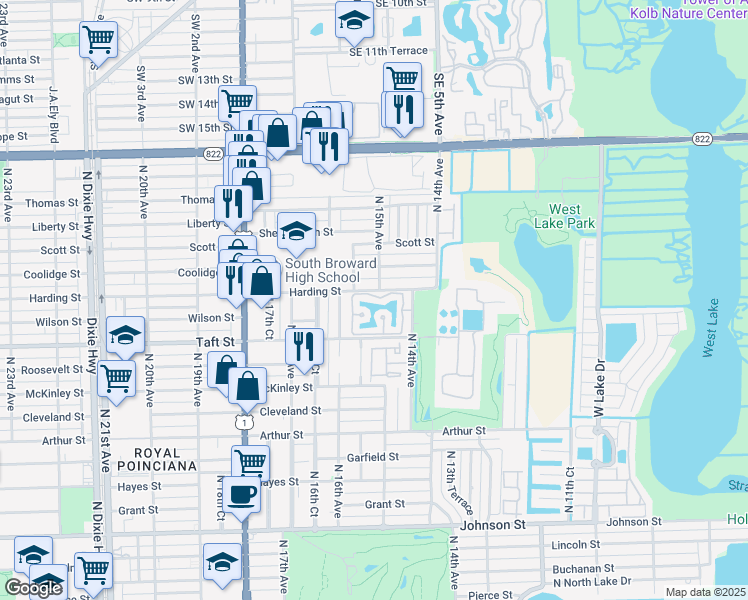 map of restaurants, bars, coffee shops, grocery stores, and more near 1500 North Trafalgar Circle in Hollywood