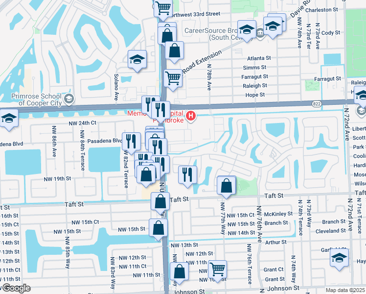 map of restaurants, bars, coffee shops, grocery stores, and more near 7850 Pasadena Boulevard in Pembroke Pines