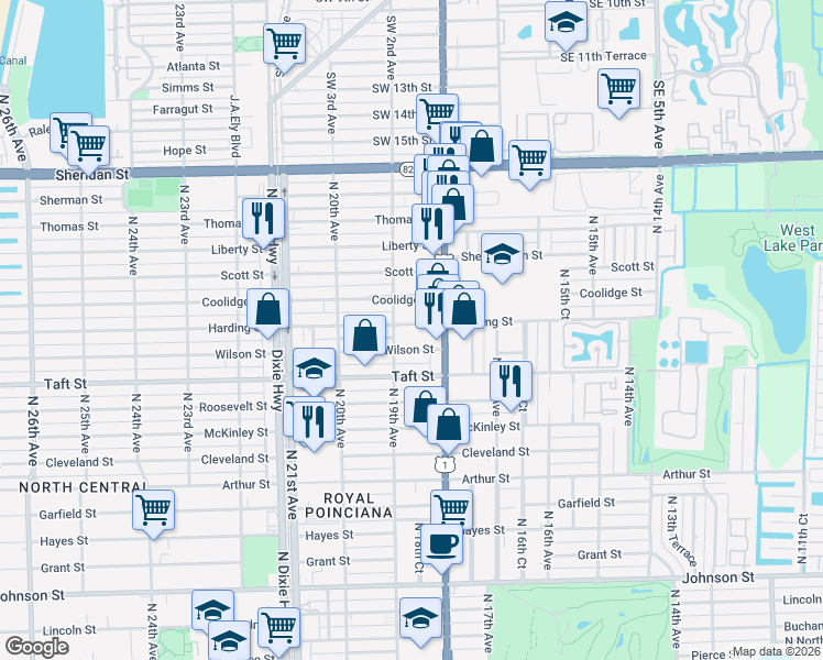 map of restaurants, bars, coffee shops, grocery stores, and more near 1821 North 19th Avenue in Hollywood