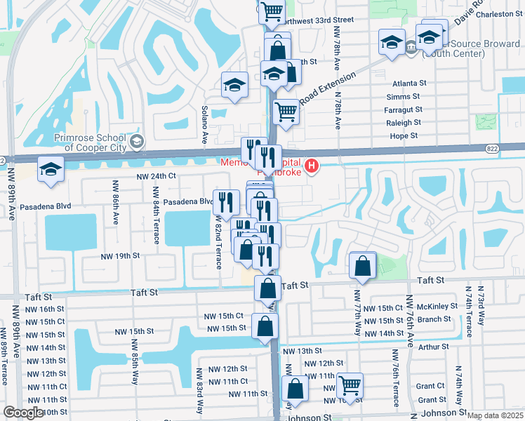 map of restaurants, bars, coffee shops, grocery stores, and more near 2150 North University Drive in Pembroke Pines