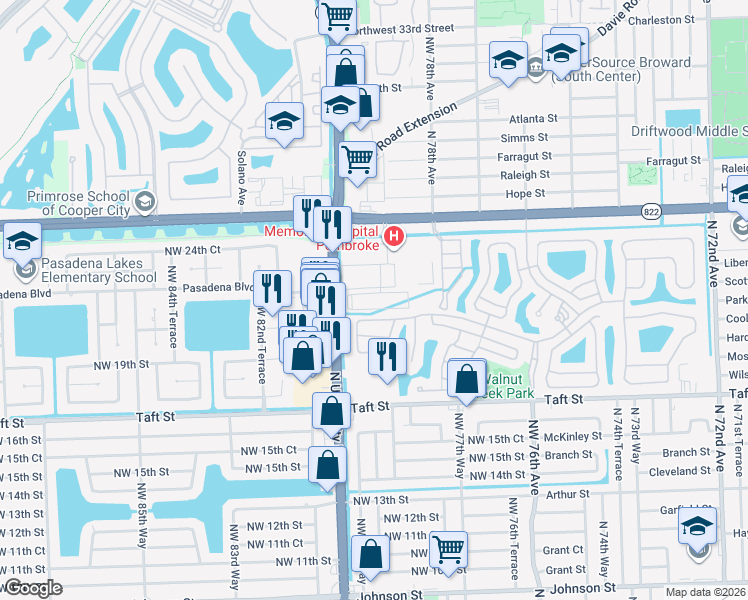 map of restaurants, bars, coffee shops, grocery stores, and more near 7880 Pasadena Boulevard in Pembroke Pines
