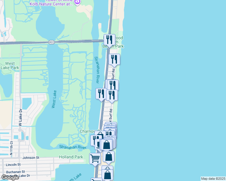 map of restaurants, bars, coffee shops, grocery stores, and more near 202 North Surf Road in Hollywood