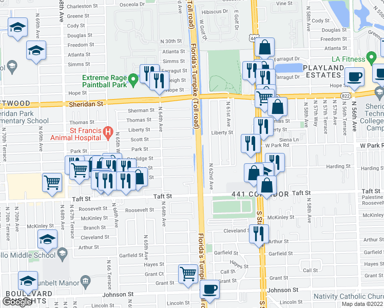 map of restaurants, bars, coffee shops, grocery stores, and more near 6271 Coolidge Street in Hollywood
