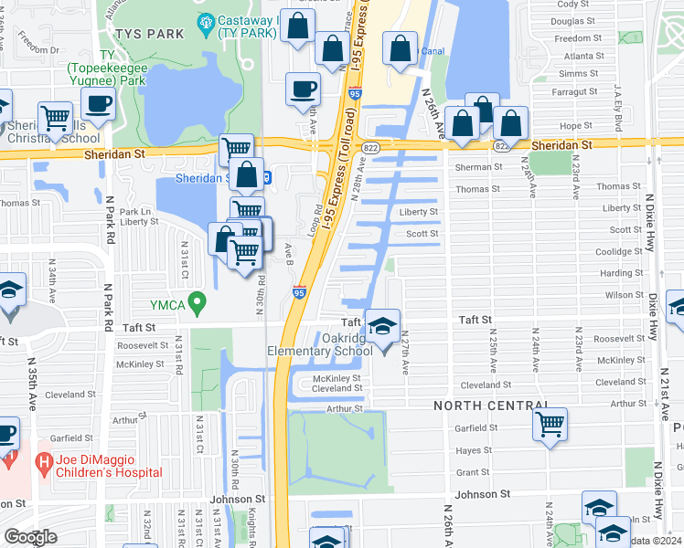 map of restaurants, bars, coffee shops, grocery stores, and more near 2729 Harding Street in Hollywood