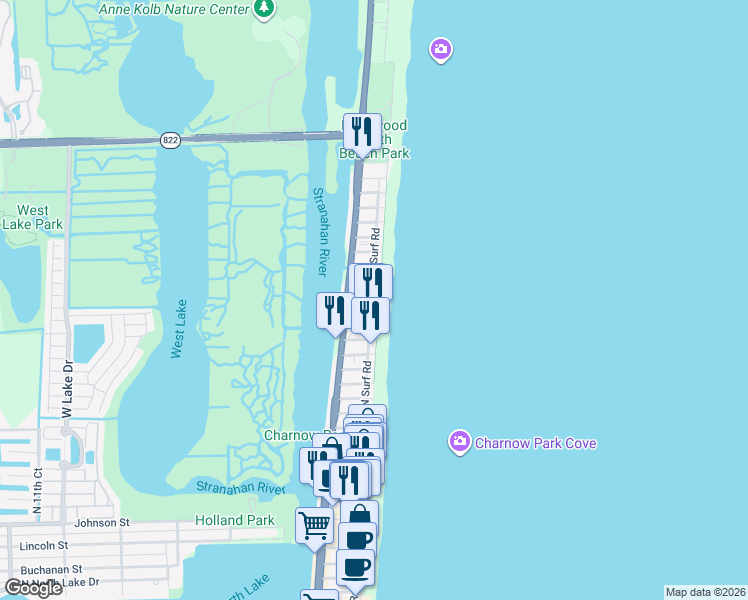 map of restaurants, bars, coffee shops, grocery stores, and more near 202 North Surf Road in Hollywood