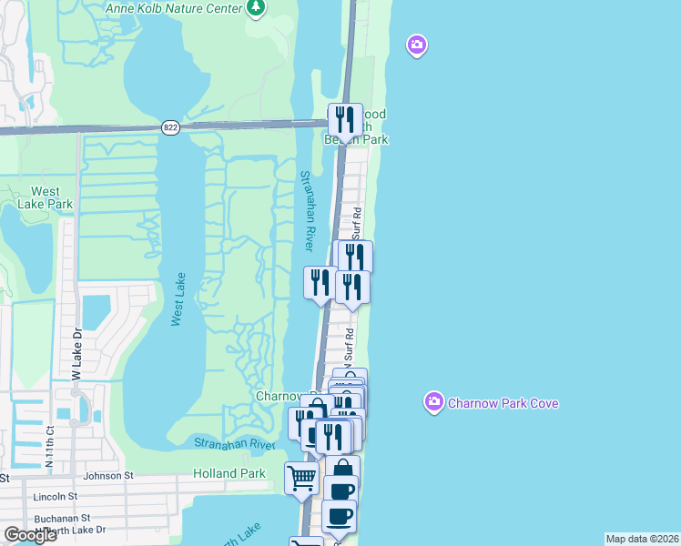 map of restaurants, bars, coffee shops, grocery stores, and more near 202 North Surf Road in Hollywood