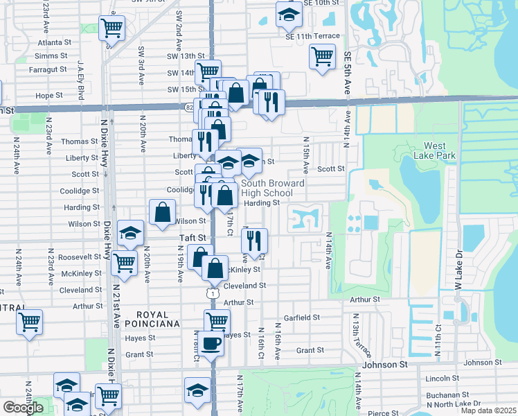 map of restaurants, bars, coffee shops, grocery stores, and more near 1618 Harding Street in Hollywood
