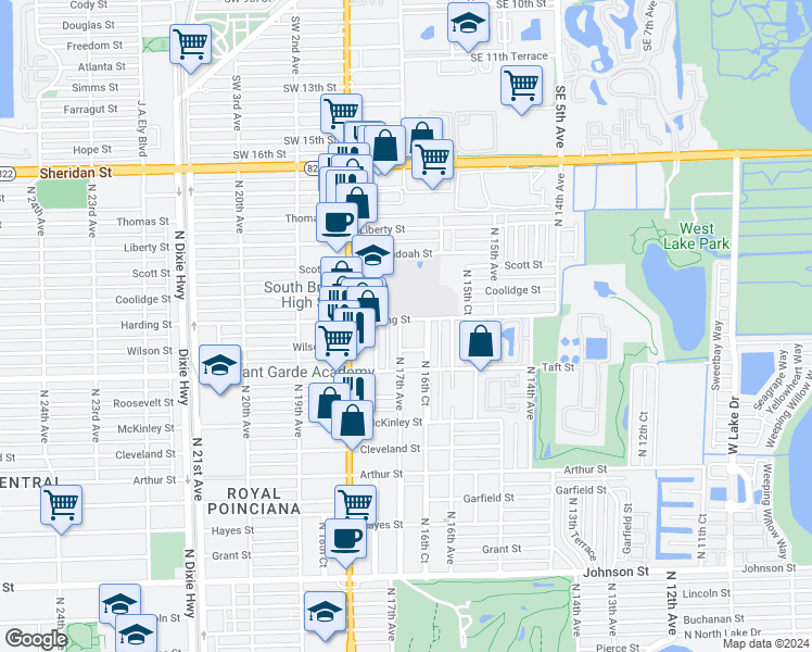 map of restaurants, bars, coffee shops, grocery stores, and more near 1618 Harding Street in Hollywood