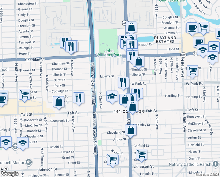 map of restaurants, bars, coffee shops, grocery stores, and more near 2020 North 61st Avenue in Hollywood