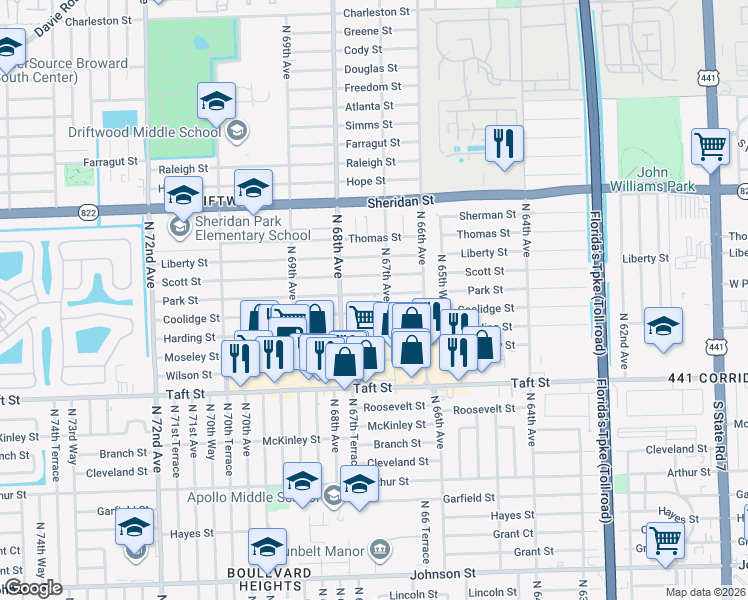 map of restaurants, bars, coffee shops, grocery stores, and more near 6720 Park Street in Hollywood