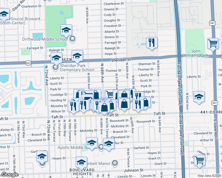 map of restaurants, bars, coffee shops, grocery stores, and more near 6720 Park Street in Hollywood