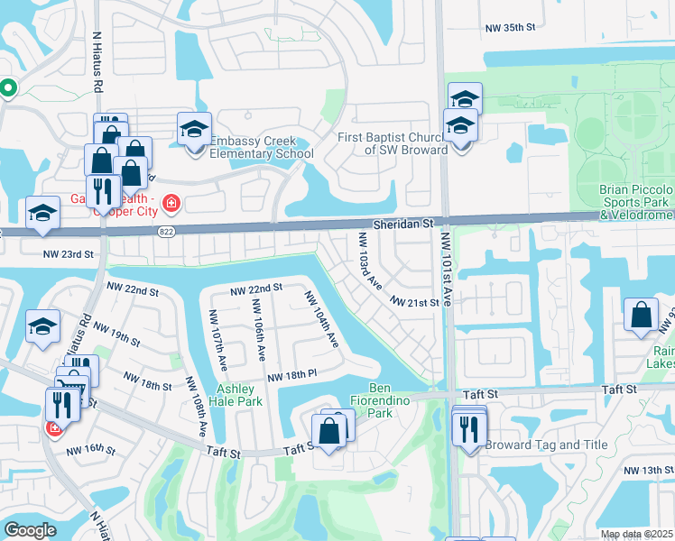 map of restaurants, bars, coffee shops, grocery stores, and more near 2200 Buttonwood Avenue in Pembroke Pines