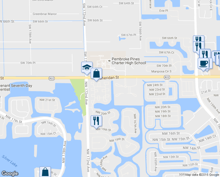 map of restaurants, bars, coffee shops, grocery stores, and more near 2299 Northwest 170th Avenue in Pembroke Pines